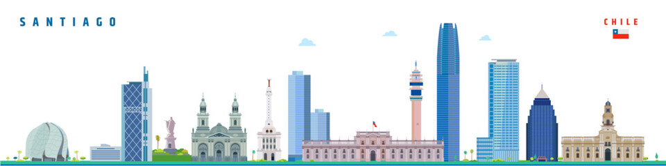 Santiago Chile city landmarks travel and tourism concept with historical buildings vector illustration on white background. - 613649943