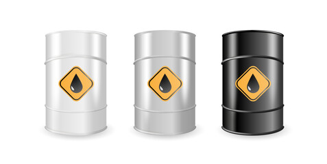 Realistic White, Steel and Black Metal Oil, Fuel, Gasoline Barrel Set Isolated. Design Template of Packaging for Mockup. Vector