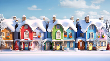 Naklejka premium Town street with beautiful cartoon houses decorated for Christmas and New Year. Front view. Illustration made with AI Generative