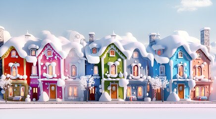 Town street with beautiful cartoon houses decorated for Christmas and New Year. Front view. Illustration made with AI Generative