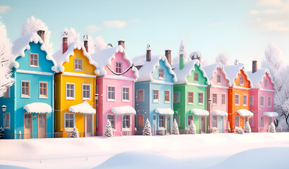 Town street with beautiful cartoon houses decorated for Christmas and New Year. Illustration made with AI Generative