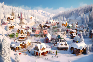 Christmas village in snow, panoramic view, cartoon imaginative town, Illustration made with Generative AI