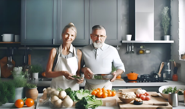 Couple cooking on kitchen, healthy eating, romantic relationship concept AI generative illustration