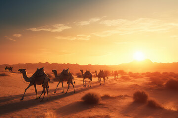 Fototapeta na wymiar Camel on the background of sunset in the desert, animal. generative ai
