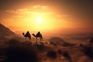 Fototapeta na wymiar Camel on the background of sunset in the desert, animal. generative ai