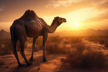 Camel on the background of sunset in the desert, animal. generative ai - obrazy, fototapety, plakaty