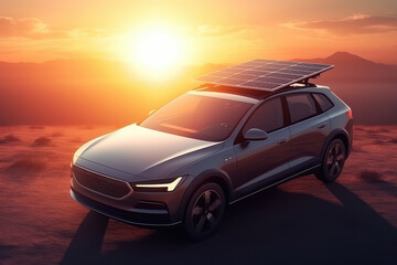 A car with solar panels, a solar panel on it. Solar electricity in the mountains, nature, hiking. generative ai.