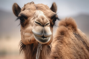 Camel on the background of sunset in the desert, animal. generative ai