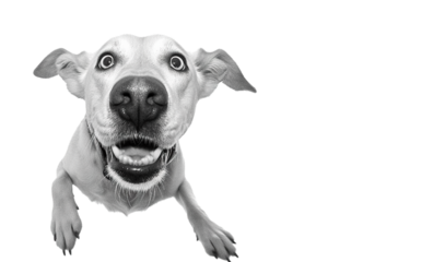 Funny dog in jump. jumping puppy. shocked surprised playful doggy or pet isolated on transparent background. crazy dog headshot smiling on transparent background with copy space, png	