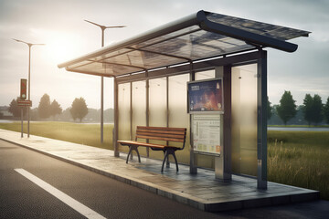 Bus stop with solar panels, future stop, solar panel on it. Solar electricity in mountains, nature, city. generative ai