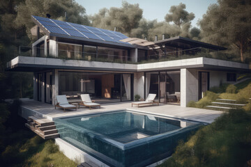 Obraz premium Solar panels on roofs in the city, energy from the sun, ecology, at home, apartment. Solar electricity in mountains, nature, city. generative ai