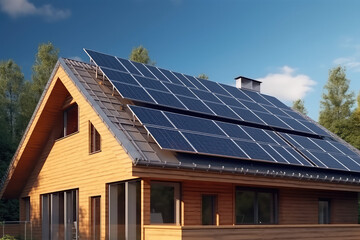 Fototapeta premium Solar panels on roofs in the city, energy from the sun, ecology, at home, apartment. Solar electricity in mountains, nature, city. generative ai
