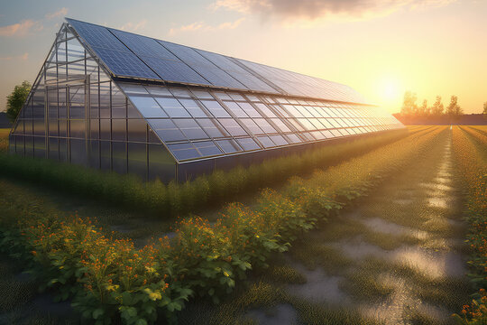 Solar panels in the field, greenhouse, vegetables, energy from the sun, ecology, at home, apartment. Solar electricity in mountains, nature, city. generative ai