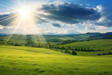 The sun rises over a hillside with grassy fields and an area with a hill. AI generative