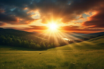 Naklejka na ściany i meble The sun rises over a hillside with grassy fields and an area with a hill. AI generative