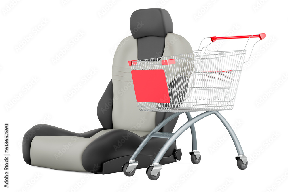 Wall mural Leather bucket seat auto with shopping cart. 3D rendering