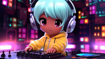 Obraz na płótnie Canvas Adorable cartoon DJ with big eyes wearing DJ headphones and a yellow hoodie.