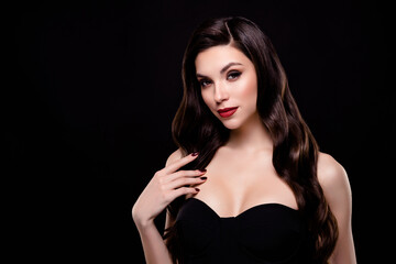 Naklejka premium Photo of classy lady in high fashion touch attract millionaire guy on occasion isolated black color background