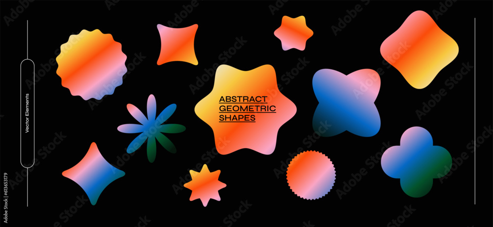 Fototapete Set of abstract geometric shapes covered in gradients. Collec􀆟on of various shapes of the correct symmetrical shape on a dark isolated background. Graphic elements for your design.
