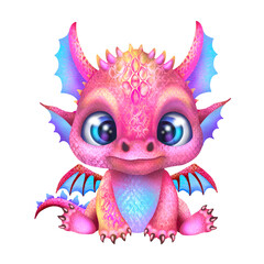Pink dragon, illustration cute little dragon, symbol of the year 2024, the year of the Dragon