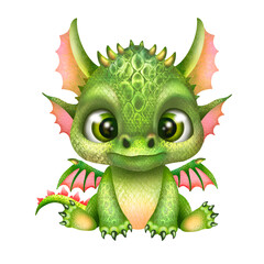Dragon illustration, cute green dragon, 2024 year of the Dragon, green dragon