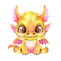 Dragon illustration, cute baby dragon, symbol of the year 2024, dragon with big eyes