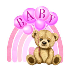Teddy bear with balloons, birthday print, baby shower, invitation card