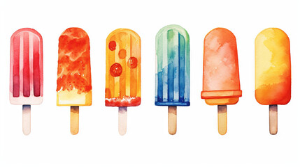 watercolor illustration of ice cream ice lolly, colorful with fruits, generaative ai