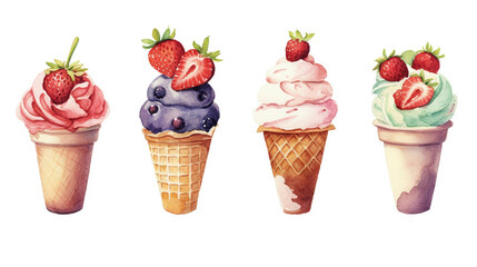 watercolor illustration of ice cream ice lolly, colorful with fruits, generaative ai