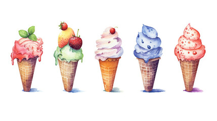 watercolor illustration of ice cream ice lolly, colorful with fruits, generaative ai