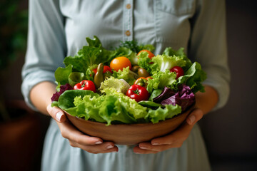 Woman holding a bowl of salad, with vibrant vegetables and a light dressing. AI generative