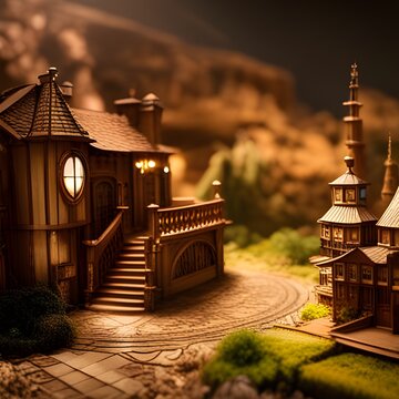 Vintage styled miniature building in attractive, atmospheric lighting