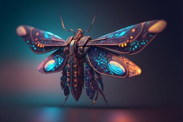 Naklejka na ściany i meble alien mechanical moth drone with spy camera and landing lights, landing on a branch, intricate iridescent color patterns, modern flowing organic design, stealthy, motion blur, bokeh, 8K