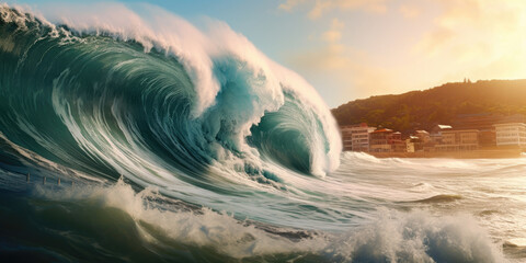Enormous tsunami waves, disaster about to happen, city about to become flooded. generative ai - obrazy, fototapety, plakaty