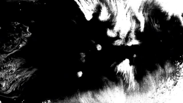 Black ink artistic flow splatter spots spills white paper beautiful reveal dripping streaks spread fluid ink alpha matte isolated watercolor ink drops transition	
