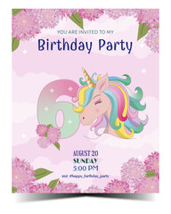  Sixth unicorn birthday invitation with unicorn and flowers. Ready to print. Vector Illustration