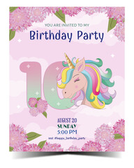  Tenth unicorn birthday invitation with unicorn and flowers. Ready to print. Vector Illustration