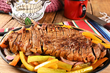 roasted meat with vegetables, barbecue with herb sauces, grilled steak