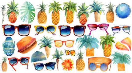 mix set summer watercolor stickers, ai generative