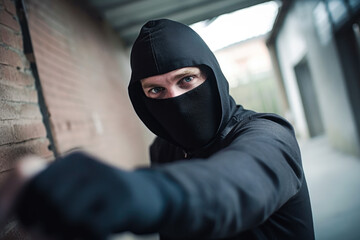 Burglar making a selfie. Unrecognizable person in a black hoodie and mask. Criminal issues concept. Generative AI