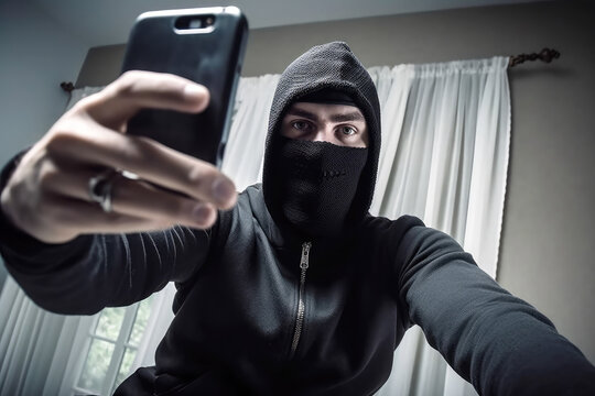 Burglar making a selfie. Unrecognizable person in a black hoodie and mask. Criminal issues concept. Generative AI