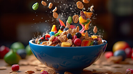 Exploding bowl of colorful breakfast cereal