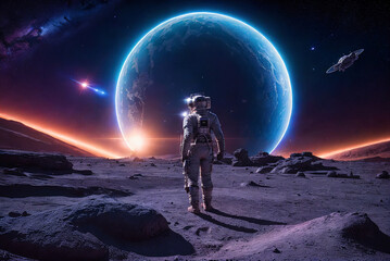 Fototapeta na wymiar astronaut in white space suit walking on alien rocky planet with earth like planet shining stars over orange glowing horison and space station in orbit