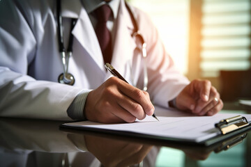 Doctor writing medical notes on a clipboard with focused attention, doctor, hospital Generative AI