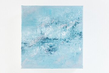 Painting in blue and white modern art. Abstract texture painting. Oil painting on canvas. Contemporary art. Beautiful modern trendy background. Fragment of artwork. Spots of acrylic paint. Modern art.