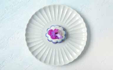 Plate of panna cotta with beautiful hydrangea flowers on white table