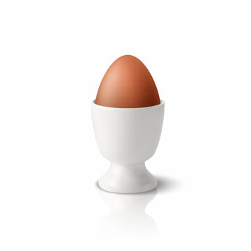 Vector 3d Realistic Brown Chicken Egg in a White Ceramic, Porcelain Boiled Egg Cup Holder, Stand for Breakfast. Chicken Egg Icon, Isolated, Front View