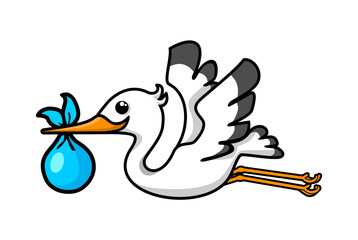 Cartoon stork carrying baby in bag. Can be used for cards, flyers, posters, t-shirts. Vector on transparent background
