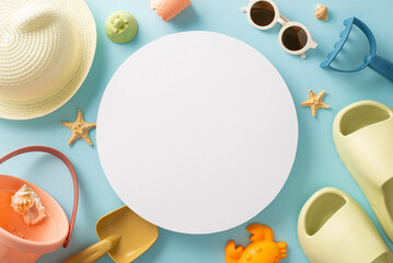 Fun activities for child on vacation concept. Top view photo of empty circle with slippers, panama and sunglasses, beach child toys and shells on blue isolated background with copy-space
