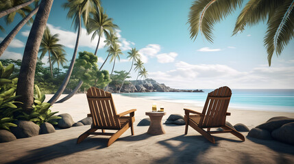 Dwa puste krzesła na piaszczystej plaży i stolik pomiędzy - obrazy, fototapety, plakaty